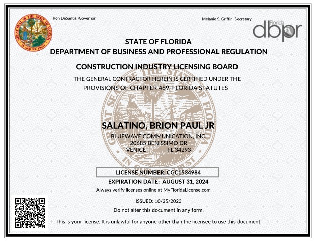 Bluewave Communications, Inc. is Officially a Florida Commercial General Contractor!